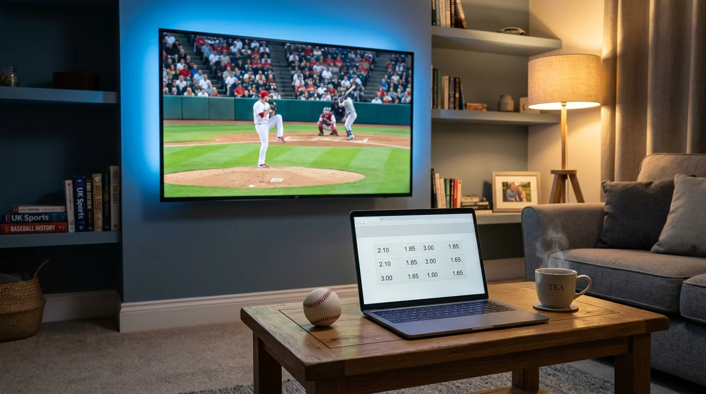 Living room TV showing a live MLB game — UK punter watching baseball during in-play betting window