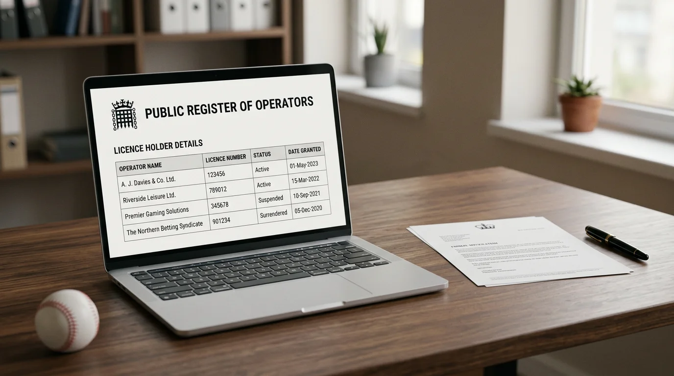 UK Gambling Commission licence verification — official register on a laptop screen for baseball betting websites